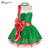 Dancewear crianças meninas natal figura patinação no gelo vestido brilhante lantejoulas ballet latino tutu vestido de malha com bowknot dança traje dancewear 231124