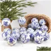 Kerstversiering 5 stuks Ronde Bal Ornamenten Schuim Blauw en Wit Porselein Elementen Kerstboom Hanger Decor Jaar Cadeau Drop Leveren Dhk8M