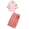 Work Dresses Women Summer Outfits 2Pcs Set Half Sleeve Pink Shirt Flowered Knee Length Pencil Skirt S