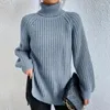 Kvinnors tröjor Casual Warm Solid Mid-Längd Pullover 2023 Autumn/Winter Soft Knitwear Fashion Raglan långärmad Turtleneck Split tröja