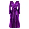 Robes décontractées Col en V Taille Haute Métallique Maxi Vintage Robe Femmes Bal Banquet Élégant À Manches Longues Sexy Parti Plissé Vestdios Robe