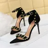 Retro Summer Metal Rivet Sandals Women High Heels Buckle Pumps Black Khaki Flock Pointed Open Toe Sexy Party Dress Shoes 230424