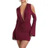 Casual Dresses Women Bodycon Dress Draped Front Cold Shoulders Långärmad Mini Elegant Party for Beach Cocktail Club Streetwear