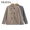 Mujer piel sintética TRAFZA 2023 Otoño Invierno mujer Casual abrigo de lana Lisa moda Oficina señora suelta doble botonadura cuello alto chaqueta de entretiempo 231123