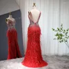 Partykleider Luxus Perlen Meerjungfrau Federn Abschlussball 2023 Sexy Spaghetti -Träger Rückenless Rose Pink Abend Kleid Arabisch formelles Kleid