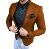 남자 정장 2 피스 브라운 블레이저 흰색 바지 맞춤형 슬림 한 저녁 파티 의류 남성 웨딩 신랑 턱시도 재킷 바지