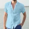 Casual overhemden voor heren Herenmode Kledingtrends Linnen Zomer Kraagvorm Korte mouw Tops Effen kleur Herenoverhemd met dubbele zakken