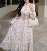 Casual Dresses French Sweet Spring Autumn Women Romantic Dress Pink Floral Lace Bandage Bow Princess Delicate Ruffles Fairy Midi