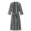 Vêtements de nuit pour femmes Long coton Kimono Robes pour femmes col en v 4/3 manches léger avec ceinture Robe automne été chaud peignoir décontracté doux