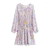 Casual Dresses Boho Paisley Flower Print Kort klänning Hippie Kvinnor Tassel snör upp Bow justerbar midja v krage full ärm lös mantel