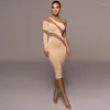 Casual Dresses Asymmetric See-through Midi Women Dress Patchwork Inclined Shoulder Party Slim Sheath Gowns Outfits Female Vestidos