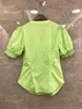 Blouses voor dames shirts casual zomer 100%katoenen blouses dames v-neck geplooid deco korte mouw mode knop shirts groen wit oranje 230424