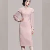 Casual Dresses Spring Summer Stylish Designer Party Vestidos Women's Elegant Long Sleeve Pink Tweed Patchwork Bodycon Slim Midi Dress