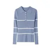 Women's Sweaters Blue Color Polo Neck Pullovers Full Sleeves Autumn Striped Knitted Crop Tops Lady Jumpers Sweater