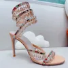 2024 Schapenvachtleer Sandalen Stiletto Hoge hakken kleurrijke diamant zomer peep-toe open tenen flip-flops slangen slang smalband maat 34-43