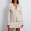 Work Dresses Women Knit Ribbed 2PCS Skirt Suits Elegant Fashion Fall Outfits Long Sleeve Lapel Neck Button-down Shirt Mini Bodycon