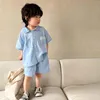 衣類セット男の子かわいいデニムセット薄いソリッドシャツダブルポケットショーツギール子供ターンダウンカラードレス兄弟姉妹