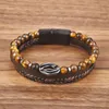 Pulseras de encanto Moda Tiger Eye Stone Beads Hombres Joyería Moda Multi-capa Pulsera de cuero trenzado al por mayor