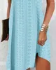 カジュアルドレス女性の2023年の夏のファッションレースパッチアイレット刺繍スクエア首短袖プレーンミニドレス