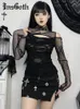 Damen T-Shirts InsGoth Gothic Mesh Loch Langarm T-Shirts Mock Neck Slim Fit Fishnet Sheer Bluse Cut Out Rave Tops Durchsichtiges Top