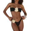 Women's Swimwear 2023 Bikini Set 3D Flowers 3 Piece Women Sexy Bandage Sleeveless Halter Backless Bra Top Swimsuit Beach Wear
