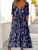 Lässige Kleider Europäische und amerikanische Damenkleid Mode 2023 V-Ausschnitt Bedruckte Taschenschnalle Pendlerbüro Elegant