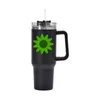 Water Bottles 40OZ Water Bottle With Handle Green Flower Print Coffee Mug With Handle Custom Double Wall Stainless Steel Vacuum Flask Cup 230422