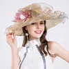 Breda randen hattar hink hattar sommarbredd breim fedora hattar för kvinnor organza sol hattar elegant blomma bröllop fest kentucky kyrkklänningar fascinator hatt 230424