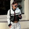 Damenjacken Punk Style Hip Hop PU Lederjacke Herbst Frühling Langarm Stehkragen Reißverschluss Kontrastfarbe Cool Girl Biker Cropped