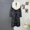 진짜 여우 모피 칼라 거위 다운 재킷 여성 긴 코트 파카 디자이너 재킷 두껍게 따뜻한 바람막이 야외 겉옷 오버 코트 블랙 벨트