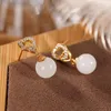 Studörhängen S925 Sterling Silver Gold-Plated Natural Hetian Jade Ear Studs Retro Love Round Beads Earring Pendant For Ladies