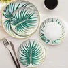 Plates Nordic Hand-painted Green Plants Pattern Bone China Coffee Tea Cup Personality Western Plate Ceramic Mug Saucer Decoration