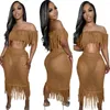 Work Dresses 2023 Sexy See-through Knitted Hand Crochet Tassel Beach Suit Short Sleeve Top Ankle Length Skirt Women Two Peice Sets