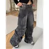 Women's Jeans Black Denim Overalls Street Clothes High-waisted American Wide-leg Pants Fashion Y2K Style Winter