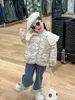 Jaquetas menina casaco cardigan crianças roupas 2023 inverno coreano doce grande lapela floral clipe de algodão acolchoado colar de boneca