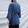 メンズカジュアルシャツ日本風の着物カーディガンアジア夏青いルーズリネンウインドブレーカーソリッドカラー3分の3のスリーブストラップ