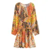 Casual Dresses Boho Paisley Flower Print Kort klänning Hippie Kvinnor Tassel snör upp Bow justerbar midja v krage full ärm lös mantel