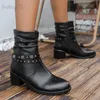 Bottes Décor bottes de cowboy plissées femmes 2023 automne en cuir Pu talons épais bottes occidentales femme bout pointu noir bottines T231124
