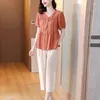 Women's Two Piece Pants Summer Outfits Large Size Loose Vintage Cotton Linen Short Sleeve T-Shirt Top Wide Leg Capris Casual Set Women Z2259