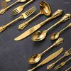 Zestawy naczyń stołowych 12PCS Retro Luksusowy Złoty Zetek Festiwal Wedding Straine Stołka stołowa ze stali nierdzewnej Silverware Flastuware Knife Fork Spoon