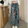 Kvinnors jeans baggy kvinnor trycker koreansk mode rak vintage bred ben lady kläder casure streetwear mopping denim mamma byxor