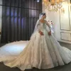 Lyxpärlor bröllopsklänning illusion spets paljetter brudklänningar långa ärmar kristaller kläder 3d blommor brudar klänningar vestido de novia