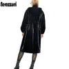 Damenjacken Nerazzurri Langer schwarzer, warmer, übergroßer, glänzender Lackleder-Trenchcoat für Damen, lange Ärmel, Reißverschluss, Herbstmode, Windjacke 231123