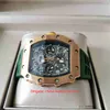 Мужские часы высшего качества 44 мм x 50 мм RM11-03 Skeleton 18-каратное розовое золото Дизайнерские часы Зеленые резиновые ленты Сапфировые прозрачные механические автоматические мужские наручные часы