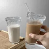 New Simple Vertical Striped Glass With Lid Straw Cup High-Value Water Cup Milk Coffee Cup Drink Cup 375ml