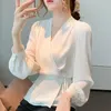 Kvinnors blusar Stylish V-hals Solid Color All-Match Bandage Chiffon Shirt Clothing Spring Loose Korean Tops Oregelbunden blus x818