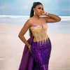 2023 Aso Ebi Purple& Gold Mermaid Sheer Neck Beading Prom Dress Tulle Party Evening Second Reception Birthday Engagement Nigeria Style Gowns Dresses AM011