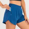 LL-LU Shorts de corrida femininos da última moda, com bolsos com zíper, cintura alta, treino atlético, shorts de ginástica para mulheres com forro