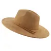 Geniş Memlu Şapkalar Kova Şapkaları Sahte Süet Top Şapka 9.5cm Brim Fedora Şapka Erkek Kadınlar Sonbahar Kış Kış Hisset Şapkaları Klasik Kilise Fedoras Chapeau Sombrero Mujer 230422