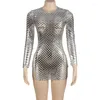 Robes décontractées Joskaa Métallique Brillant Argent Creux Out Mini Femmes Sexy Voir À Travers O-Cou À Manches Longues Robe Moulante 2023 Discothèque Porter